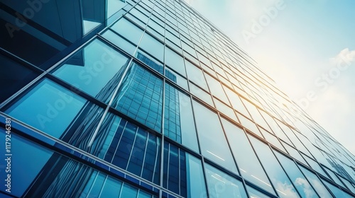 Close-up of a modern office buildings glass facade with reflective windows with interior lights