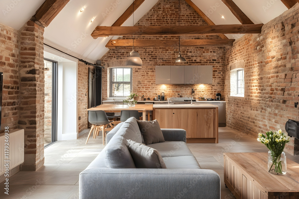 Fototapeta premium Rustic barn transformed into a cozy modern living space