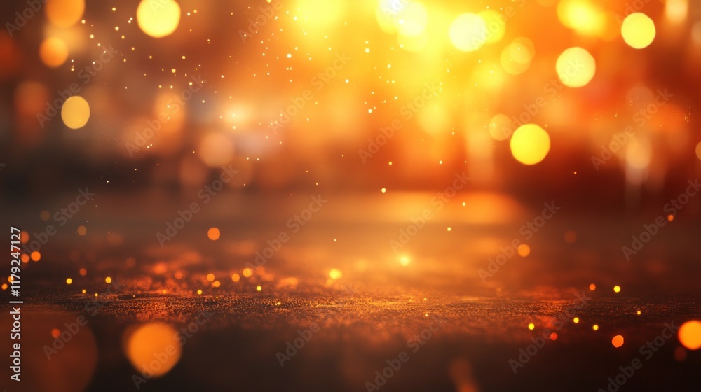 Fototapeta premium Glowing golden bokeh lights on dark surface.