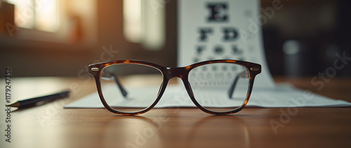 Tortoiseshell glasses resting on a wooden surface near an eye examination chart