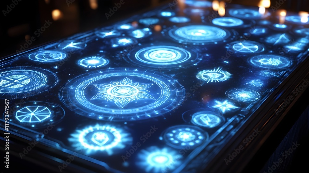 A close-up of futuristic holographic symbols on a black backdrop