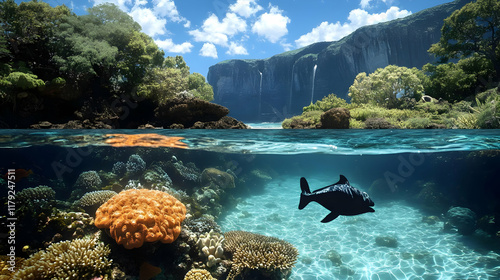Tranquil Tropical Lagoon Shows Underwater Coral Reef and Fish Swimming Gracefully Underneath Waterfall