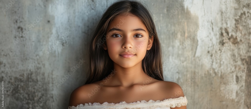 Fototapeta premium Teenage Hispanic girl with long brown hair posing against a textured gray concrete wall in a portrait session featuring expansive empty copy space.
