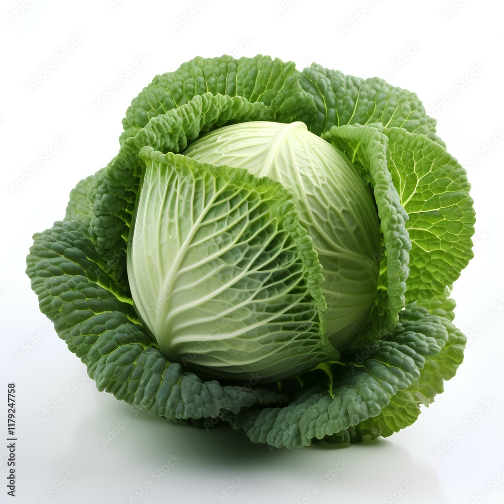 Fototapeta premium cabbage vegetable isolated on white background with shadow. leafy green lettuce on white bg. organic and healthy cabbage full of vitamins