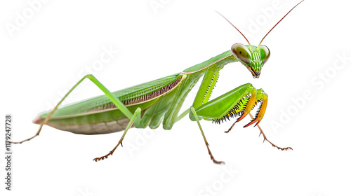 A delicate praying mantis with its front legs raised isolated on a transparent background, PNG photo