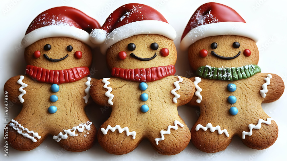 Three Decorated Gingerbread Men Cookies Stand Together Festively on a White Background Three Decorated Gingerbread Men Cookies Stand Together Festively on a White Background