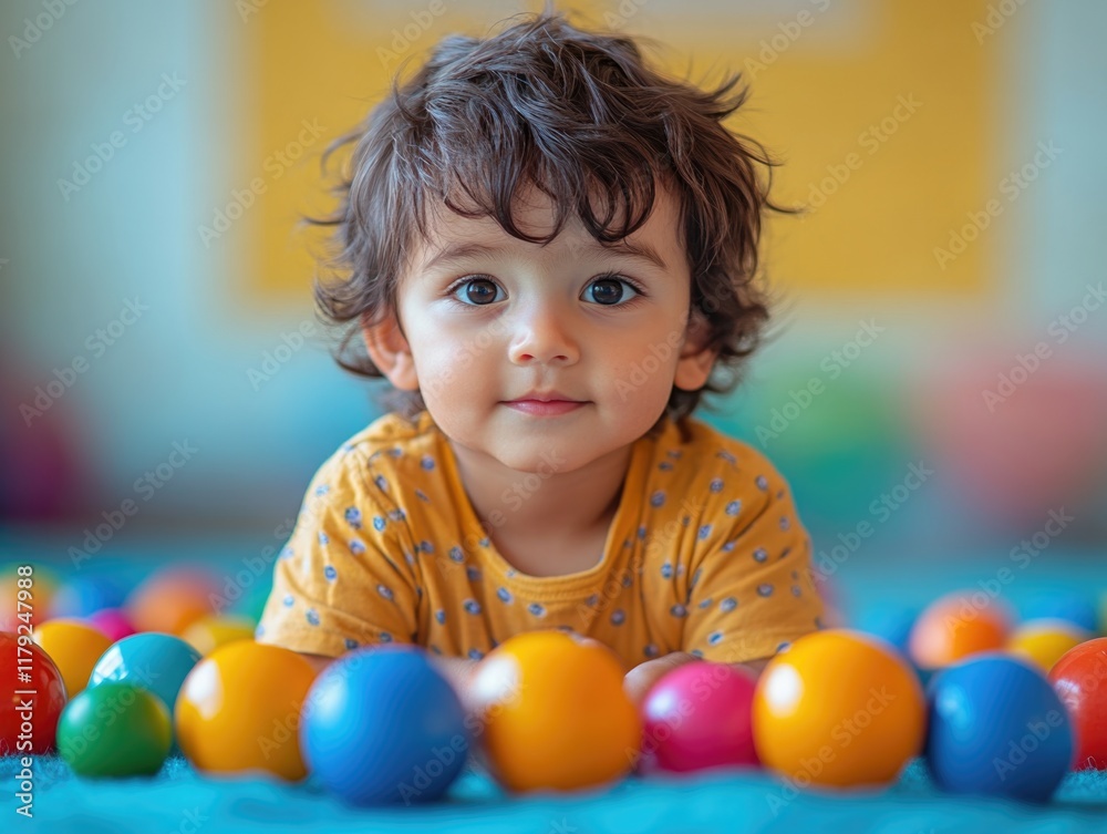 Adorable Indian toddler boy with curly hair playing with colorful balls on vibrant play mat background, engaging in playful activity indoors. Adorable Indian toddler boy with curly hair playing with colorful balls on vibrant play mat background, engaging in playful activity indoors.