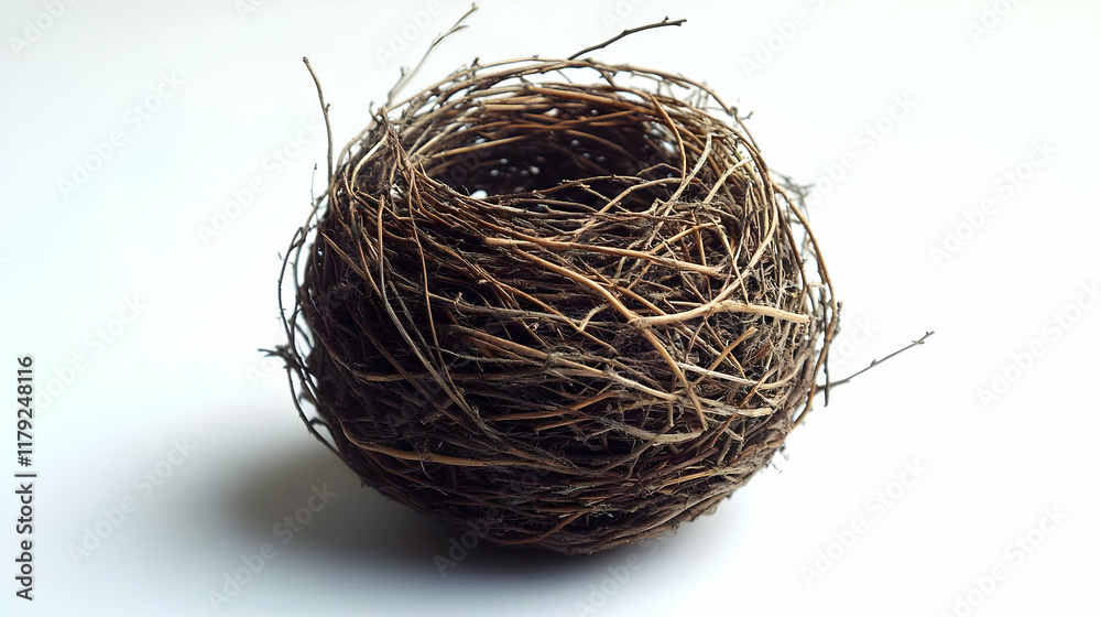 Obraz premium Intricately Woven Bird Nest Made of Twigs Sits on White Background Displaying Natural Craftsmanship