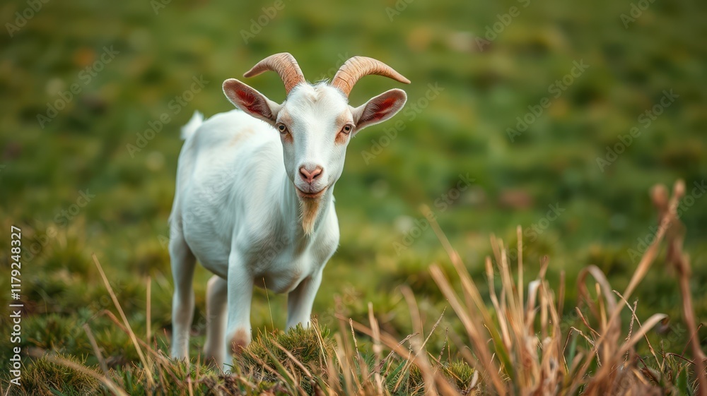Young white goat standing on green grass during daylight in a serene natural setting Young white goat standing on green grass during daylight in a serene natural setting