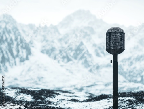 Classic Microphone on Snowy Landscape with Mountains in Background and Expansive Copyspace for Music Sound Frequency Concept photo