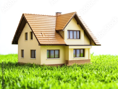 Wallpaper Mural Cozy yellow house with brown roof and large windows on vibrant green grass with ample empty space for text in bright background Torontodigital.ca