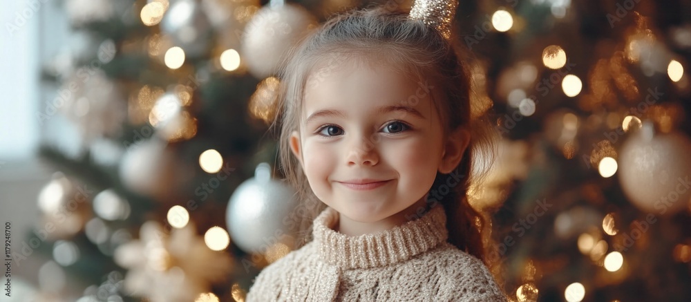 Smiling toddler girl with brown hair in cozy sweater, standing against a beautifully decorated Christmas tree with shimmering lights in indoor setting Smiling toddler girl with brown hair in cozy sweater, standing against a beautifully decorated Christmas tree with shimmering lights in indoor setting