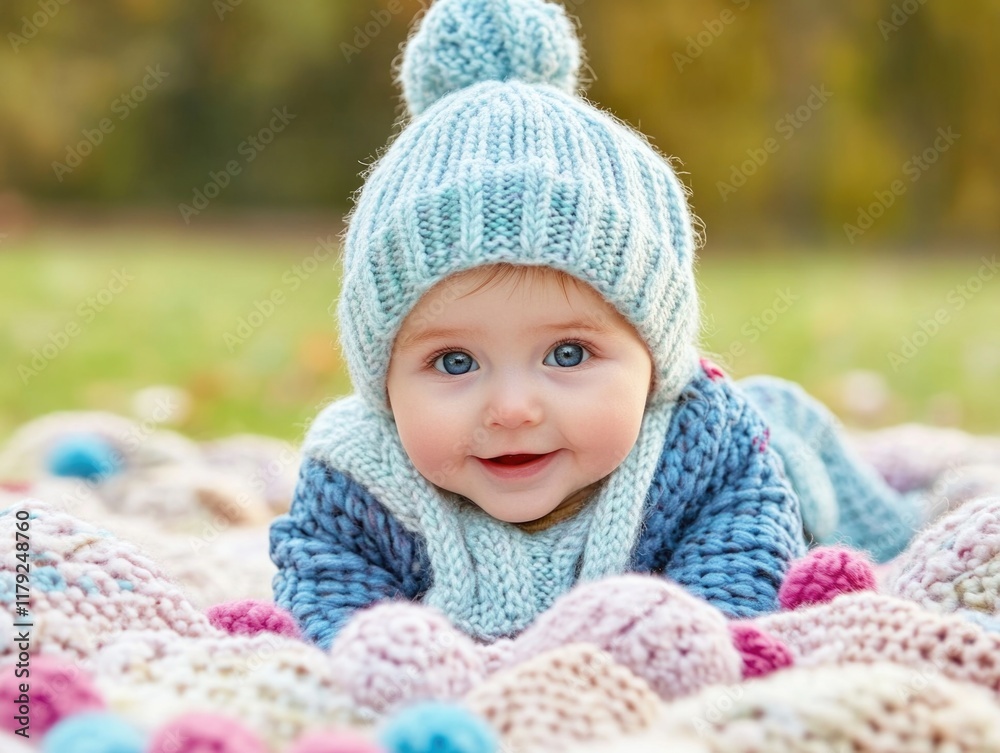 Newborn girl with blue eyes dressed in cozy knitted attire lying on colorful blanket in serene park setting smiling at the camera surrounded by greenery Newborn girl with blue eyes dressed in cozy knitted attire lying on colorful blanket in serene park setting smiling at the camera surrounded by greenery