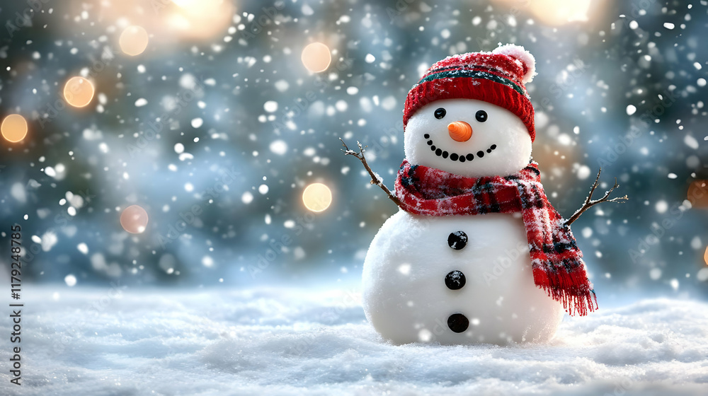 Smiling Snowman Stands in Snowy Landscape with Softly Falling Snow and Twinkling Lights Smiling Snowman Stands in Snowy Landscape with Softly Falling Snow and Twinkling Lights