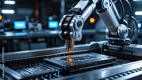 Industrial robotic arm operating on manufacturing assembly line in high-tech factory seamless looping 4k time-lapse animation video background. Automation and industry concept