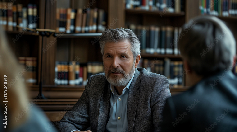 Confident Senior Policy Leader Engaging in a Library Meeting Confident Senior Policy Leader Engaging in a Library Meeting