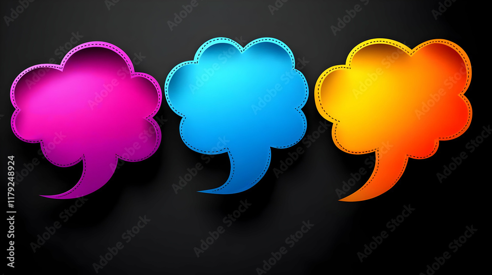 Three Colorful Speech Bubbles Create a Vibrant Discussion on a Dark Background
