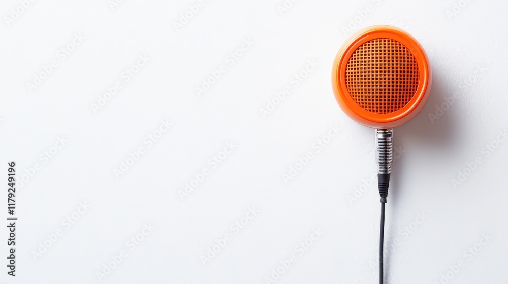 Fototapeta premium Colorful orange speaker positioned on the right side of a minimalist white background, designed for sound-related text and branding applications.