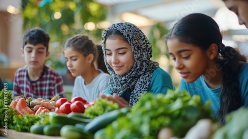 Fototapeta Naklejka Na Ścianę i Meble -  Diverse children examining fresh produce.