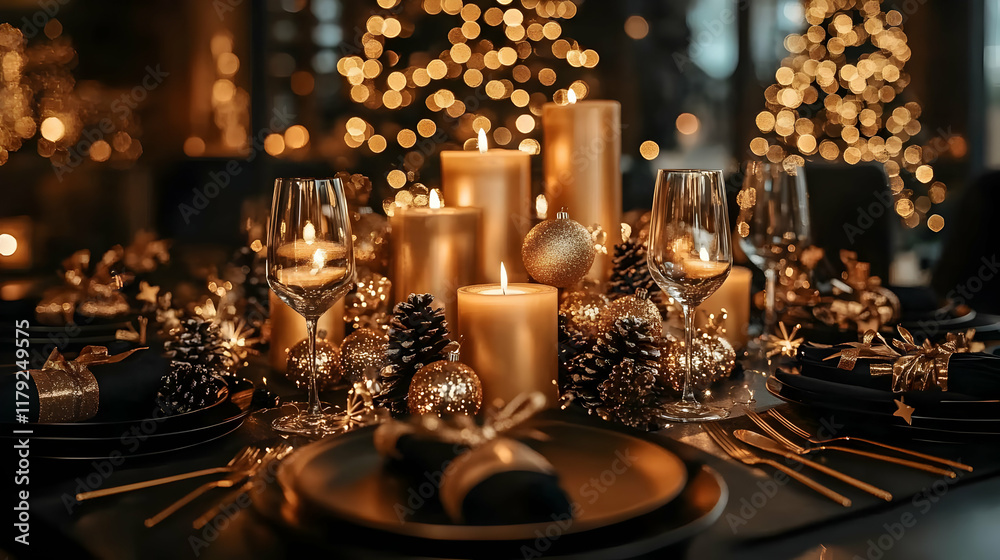 Elegant Festive Table Setting Glows with Golden Candles and Ornaments for a Warm Holiday Celebration Elegant Festive Table Setting Glows with Golden Candles and Ornaments for a Warm Holiday Celebration
