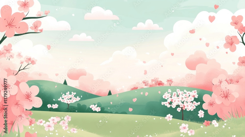Pink cherry blossoms falling on rolling green hills under a pastel sky. Pink cherry blossoms falling on rolling green hills under a pastel sky.