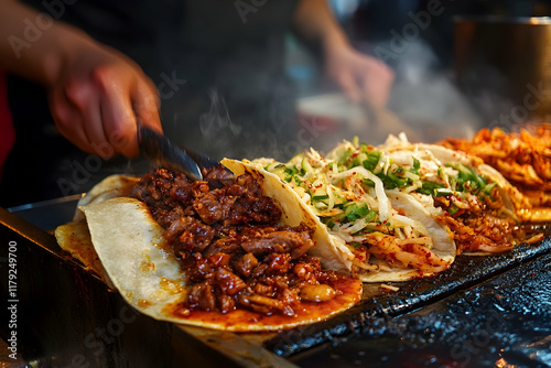 Savoring Korean BBQ tacos with bulgogi beef and kimchi slaw in a street food scene
