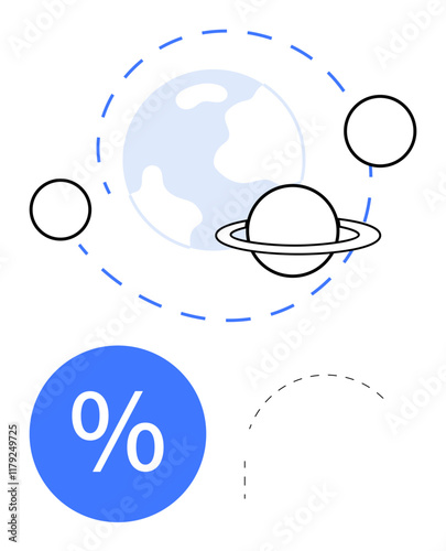 Planets orbiting around Earth with dashed lines, circles, and a percentage sign. Ideal for finance, investment, savings, interest rates, economics space futuristic concepts. Abstract line flat