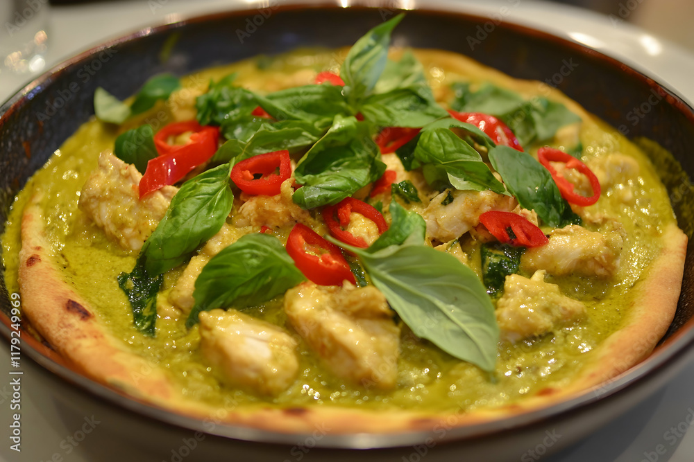 Savoring Thai-inspired green curry chicken pizza with crispy thin crust in a vibrant space