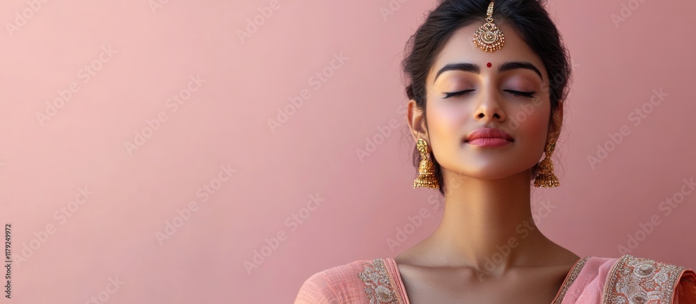 Indian woman enjoying a rejuvenating spa treatment in a serene beauty setting with soft pink background and ample empty space for text or branding Indian woman enjoying a rejuvenating spa treatment in a serene beauty setting with soft pink background and ample empty space for text or branding