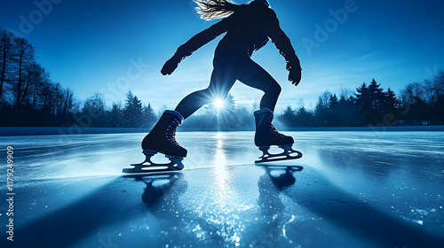 Silhouetted Skater Glides Across Icy Surface with Sunset Behind Frozen Lake