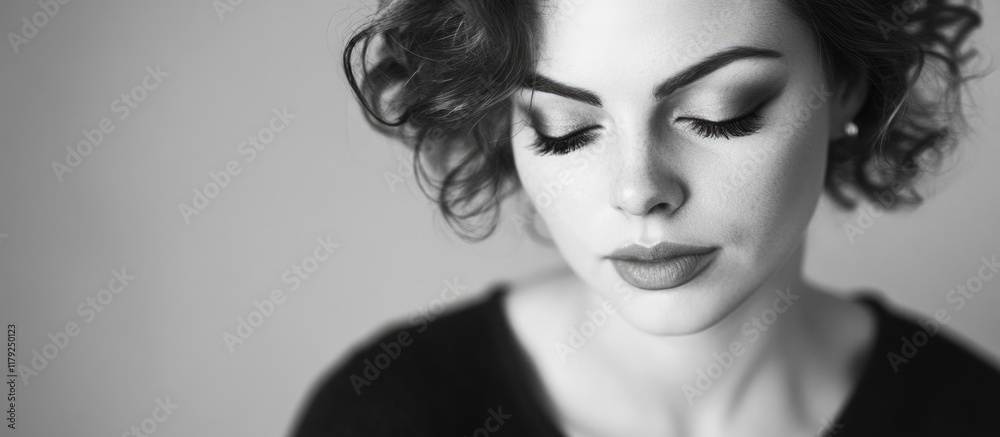 Fototapeta premium Elegant woman with curly hair wearing makeup in a thoughtful pose against a soft grey background in a black and white portrait with ample copyspace.
