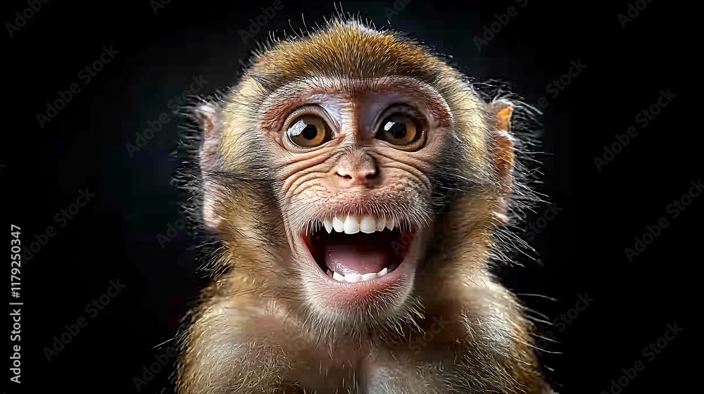 Fototapeta premium Close-up portrait of a young monkey with open mouth and teeth showing, against a black background.