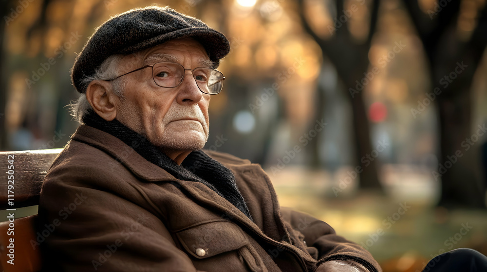 Elderly Man Sits Pensively on Park Bench in Autumn, Contemplating Life Quietly. Elderly Man Sits Pensively on Park Bench in Autumn, Contemplating Life Quietly.