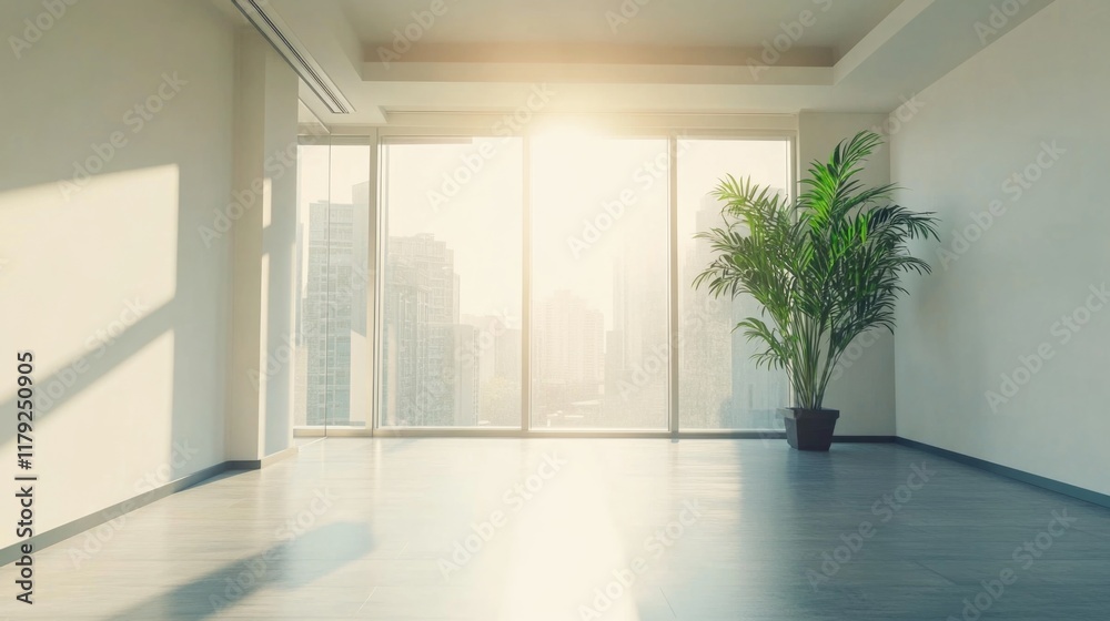 Fototapeta premium Bright and airy modern office interior with large windows showcasing city skyline, potted plant, and ample copyspace for text, ideal for real estate promotions.