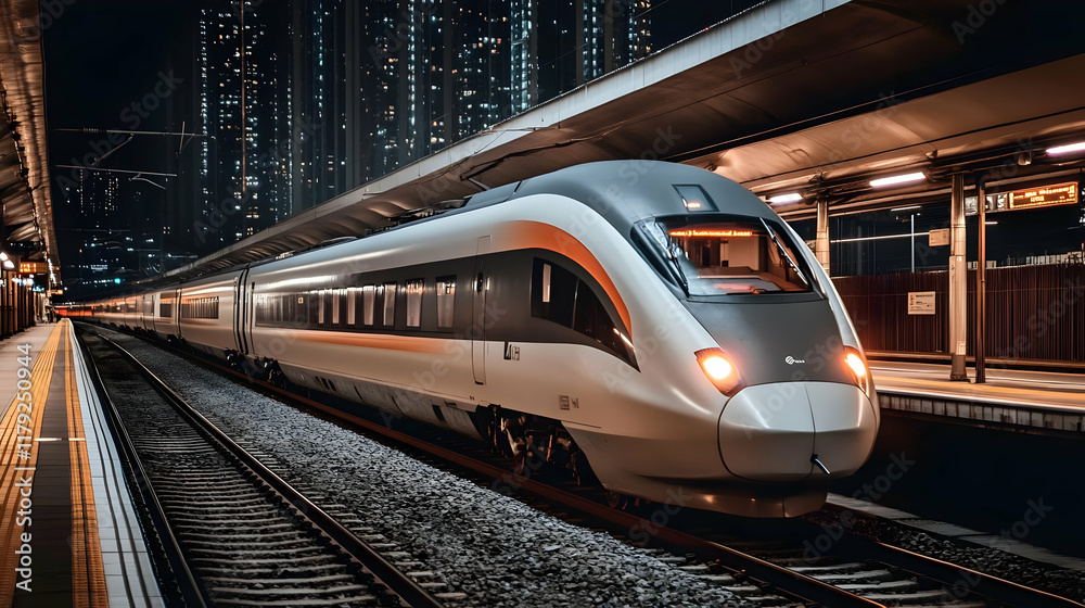 Naklejka premium Modern High-Speed Train Arrives at City Station Platform at Night