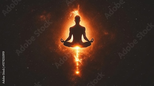 Silhouette of Meditative Figure Surrounded by Cosmic Energy and Light in a Starry Universe Background