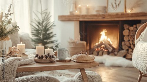 A cozy living room with a fireplace and a Christmas tree