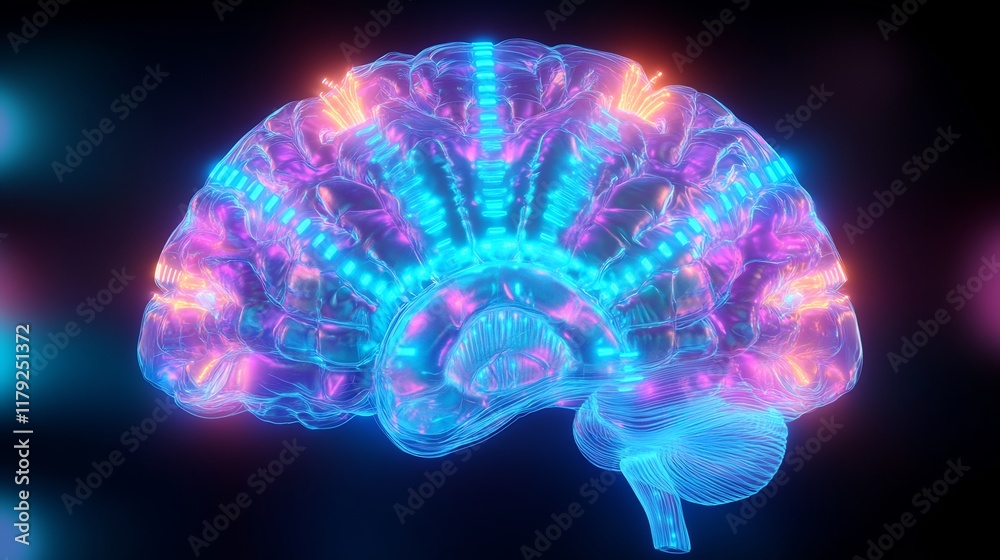Vibrantly Illuminated 3D Render of a Human Brain: Intricate Neural Pathways Glow Mysteriously. AI Generated