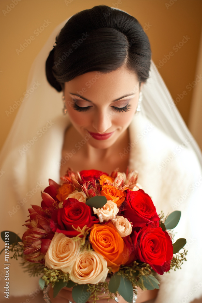 Naklejka premium The bride and groom pose warmly against a background with the bouquet evoke feelings of romance and warmth on wedding photo