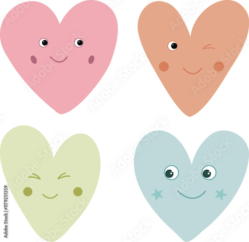 Valentine's Day. Cute pink heart with a face. Shapes of love symbols on a white background. Valentine's Day set. Hearts are pastel, scandi colors. Stickers on social networks