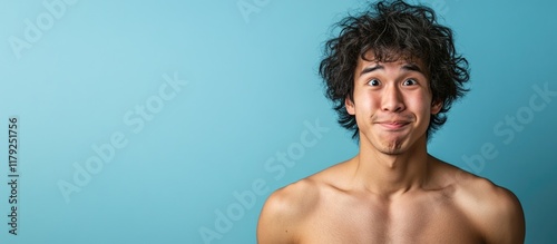 Shirtless Southeast Asian man with frizzy hair expressing playful emotions against a light blue background with ample empty space for text.