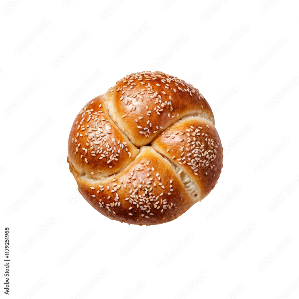 Sesame Seed Roll: A freshly baked, golden-brown sesame seed roll, ready to be enjoyed. The intricate pattern of the seeds adds a touch of elegance to this simple yet satisfying bread.