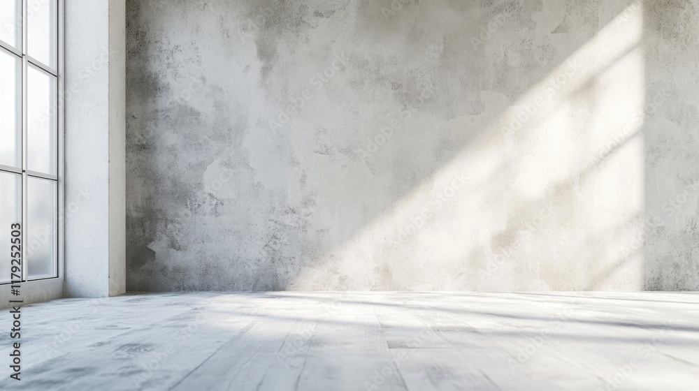 Obraz premium Renovation Process Empty Room with White Putty Application on Wall Daylight Streaming Through Large Windows Spacious Copyspace for Text