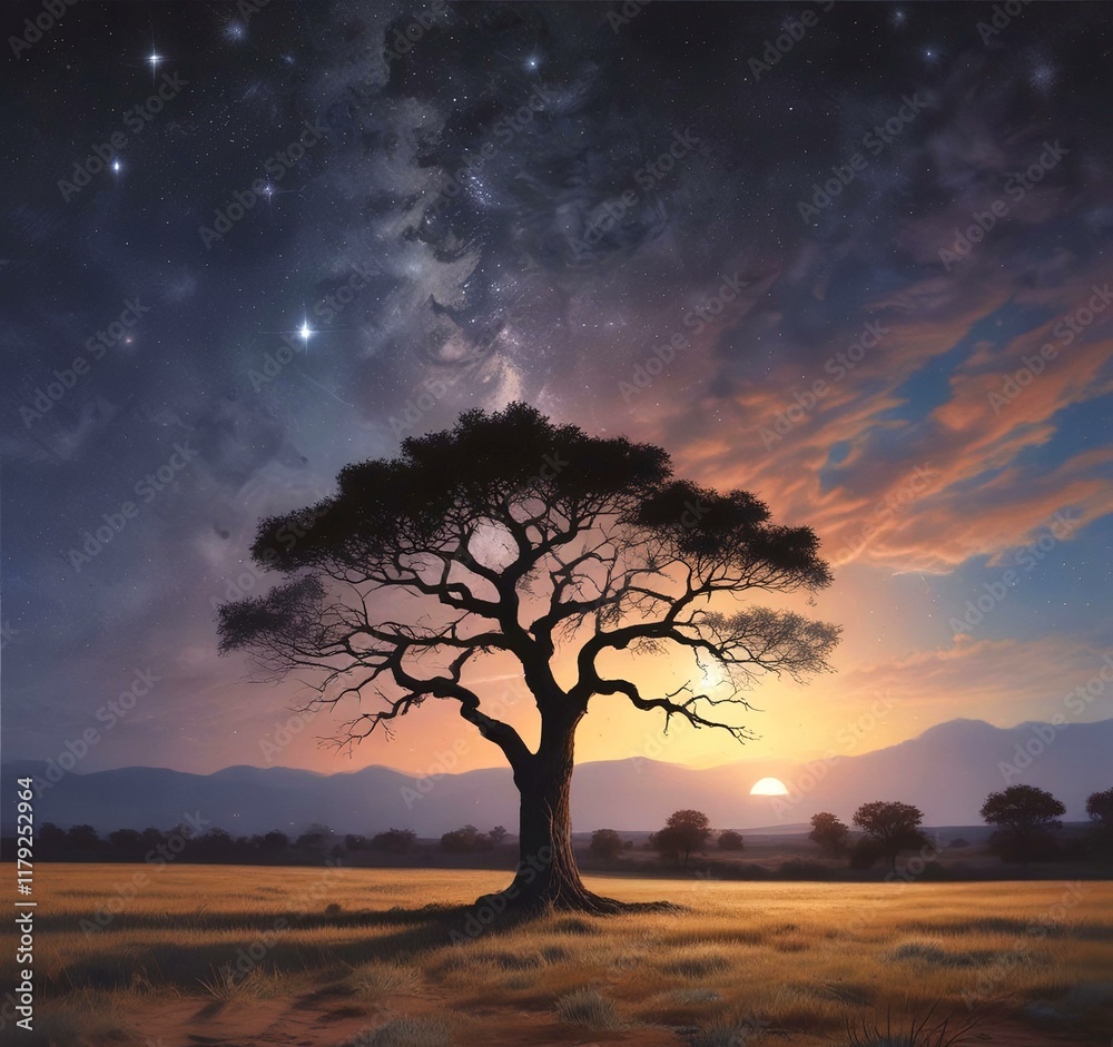 Illustration of tree with starry skind behind. Illustration of tree with starry skind behind.