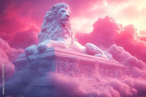 Majestic Lion Statue Rests Upon a Cloud Filled Sky photo