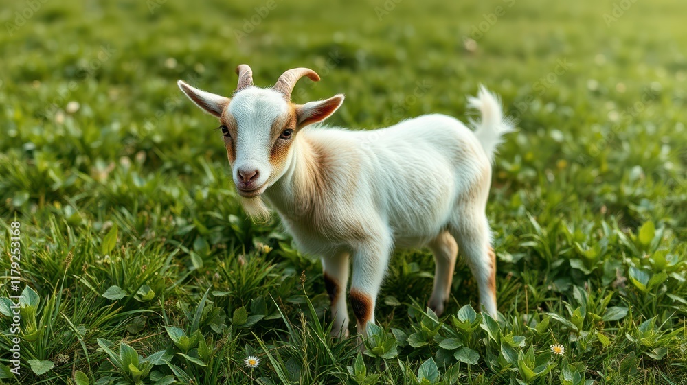 Young goat standing on green grass in a sunny meadow during springtime showcasing its playfulness Young goat standing on green grass in a sunny meadow during springtime showcasing its playfulness