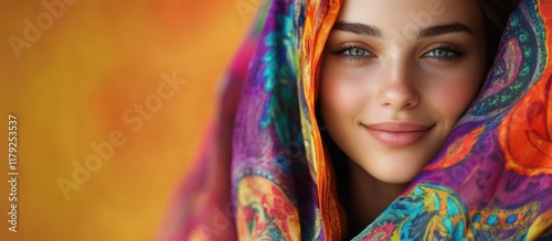 Smiling young woman with captivating blue eyes wearing vibrant silk shawl in warm orange tones with ample copyspace for text in portrait format