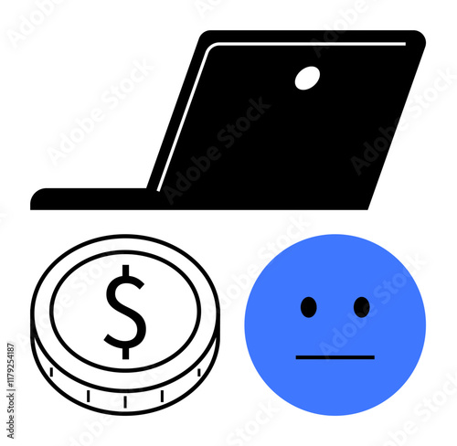 Black laptop, dollar coin, and blue neutral face. Ideal for finance, technology, e-commerce, emotions, work-life balance, decision-making abstract line flat metaphor