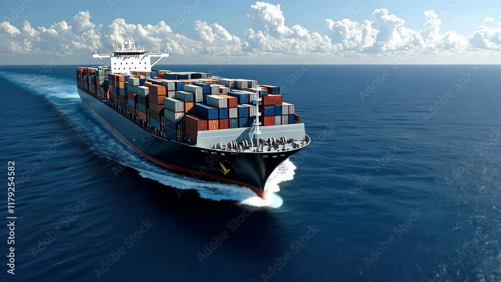 A large cargo vessel is sailing smoothly on open waters, loaded with colorful shipping containers and surrounded by a vibrant sky