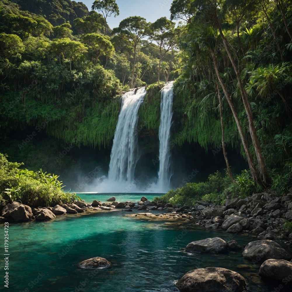 Fototapeta premium A picturesque waterfall in a valley, surrounded by wildflowers and ferns.
